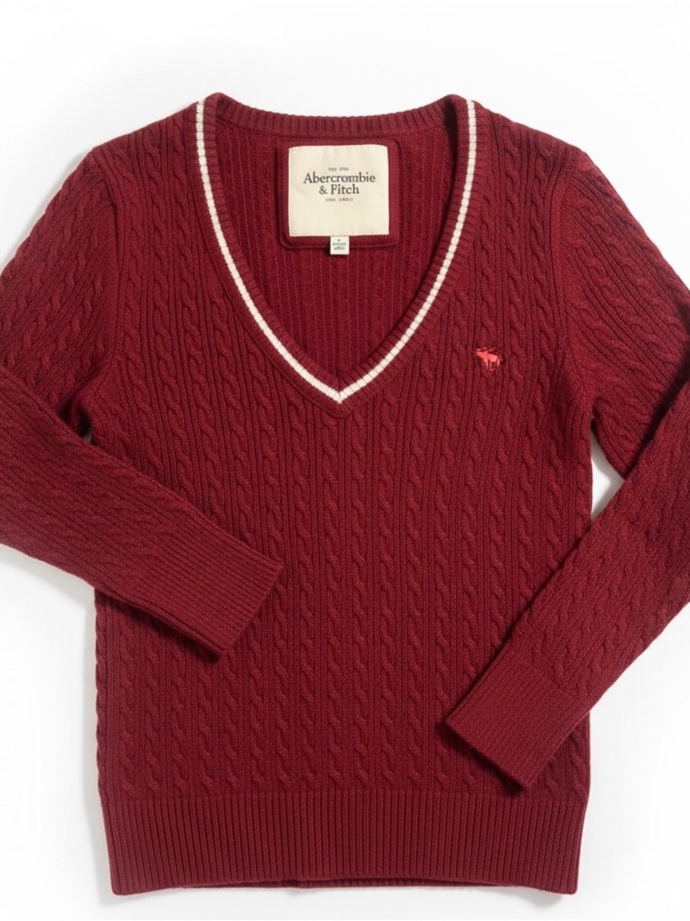 Abercrombie & Fitch Lightweight Cable Deep V-Neck Sweater - Deep Cherry Red